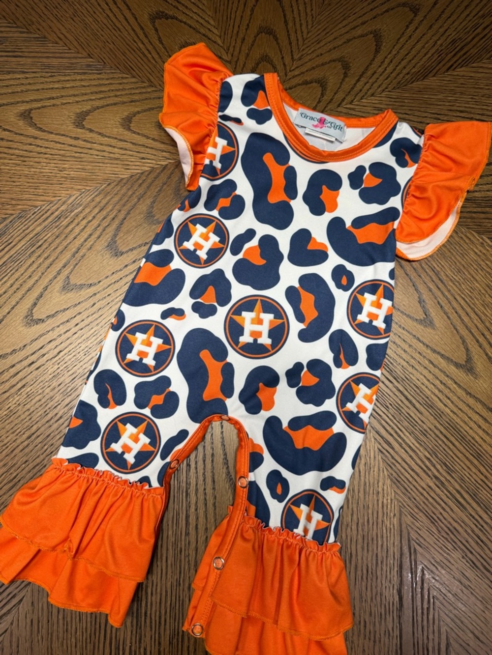 Houston Astros Baby Girl Ruffle Romper - Orange & Navy Leopard Print 0-3M